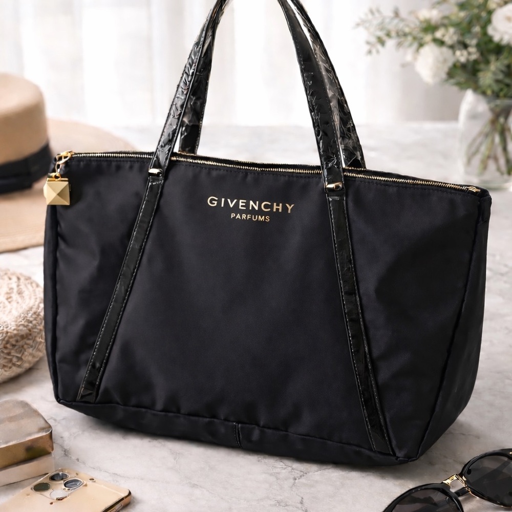 Large Black Tote Bag Gold Logo Nylon Shoulder Bag